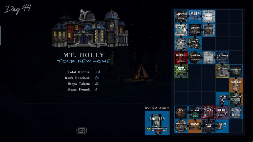 The screen that shows up when you reach room 46 in Blue Prince, with a purely "no strategy, just vibes" room placement 