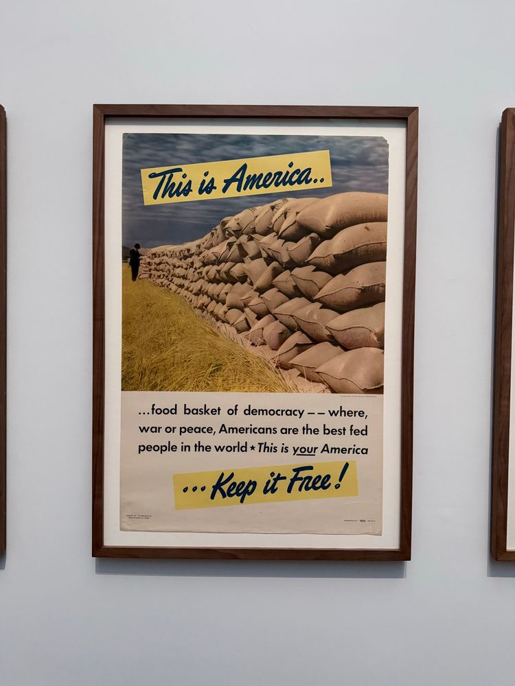A framed vintage propaganda poster depicting a large pile of grain sacks in a field with a farmer in the background. The text at the top reads, “This is America..” The message below highlights America as the “food basket of democracy,” ensuring citizens are well-fed, and ends with “Keep it Free!”