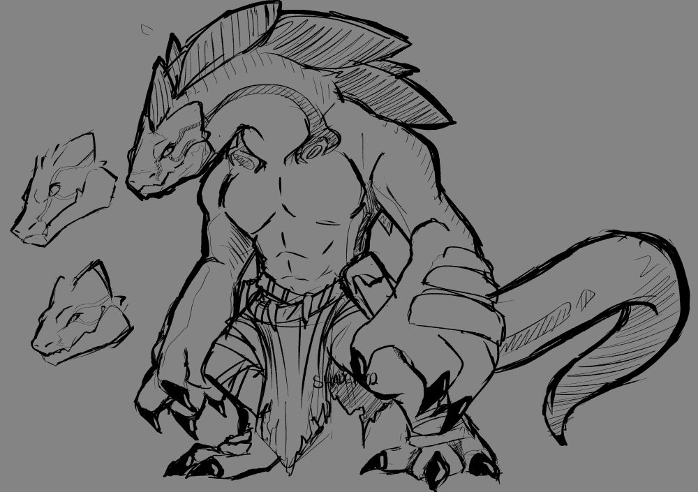 Sketch doodle of their character, Yu'hiss! Alternative heads from the process.