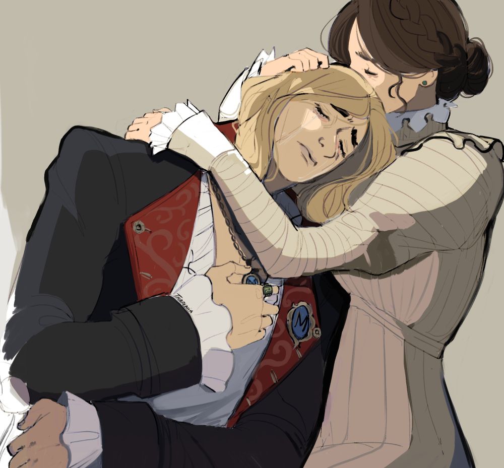 fanart of characters from the game 'lies of p'
sophia is holding romeo close, comforting him after what happened to carlo
inspired by the line in sophia's diary that can be found in the dlc: " but nothing could prepare us for the pain of losing someone so precious. we're still recovering, especially romeo...and her" 