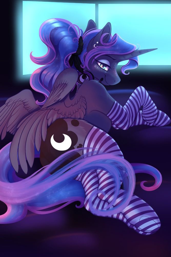 My Little Pony character Luna laying down in front of two screens wearing a headset and striped socks.
