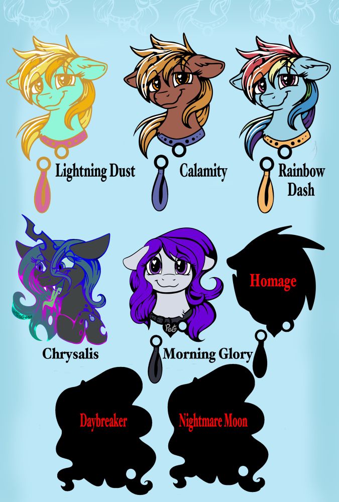 Enamel pin designs of Lightning Dust, Calamity, Rainbow Dash, Chrysalis, Morning Glory and silhouettes of Homage, Daybreaker and Nightmare Moon from MLP