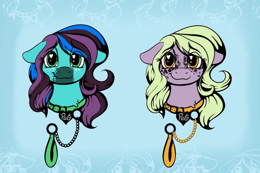 Two forward-facing smiling my little pony ocs with pet collars and leashes on.