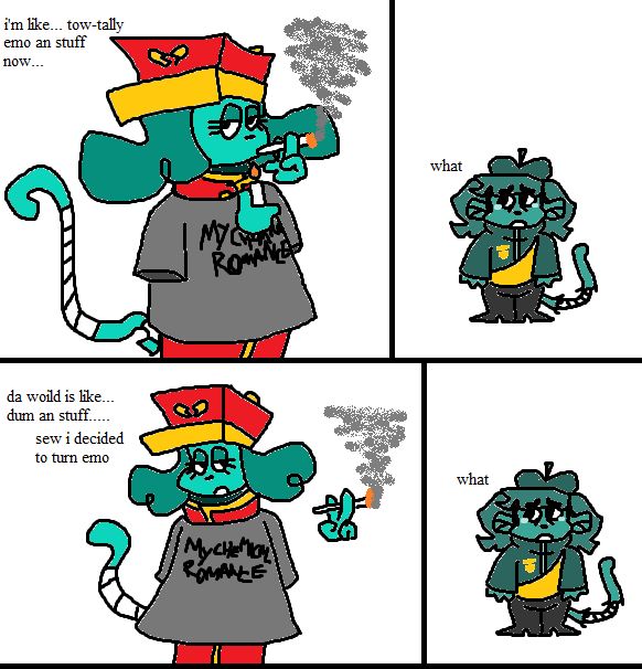 4-panel MS Paint comic. Inspekta, wearing a My Chemical Romance t-shirt and lighting a cigarette, says "i'm like... tow-tally emo an stuff now..." Capochin, with tears in his eyes, can only say "what". Inspekta continues, "da woild is like... dum an stuff..... sew i decided to turn emo". The final panel is the same as the second, with an identical upset Capochin saying "what"