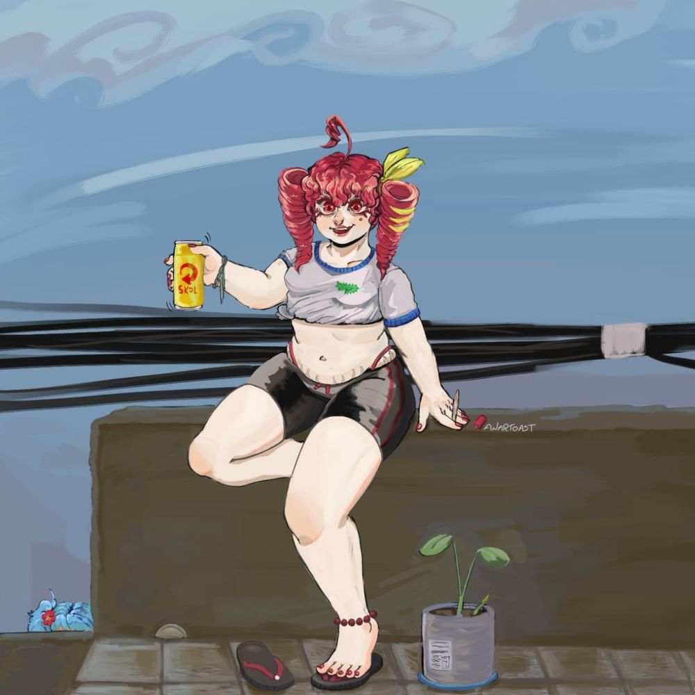 Teto Kassane em uma laje segurando uma lata de Skol. Miku Hatsune sobe a escada ao lado.
