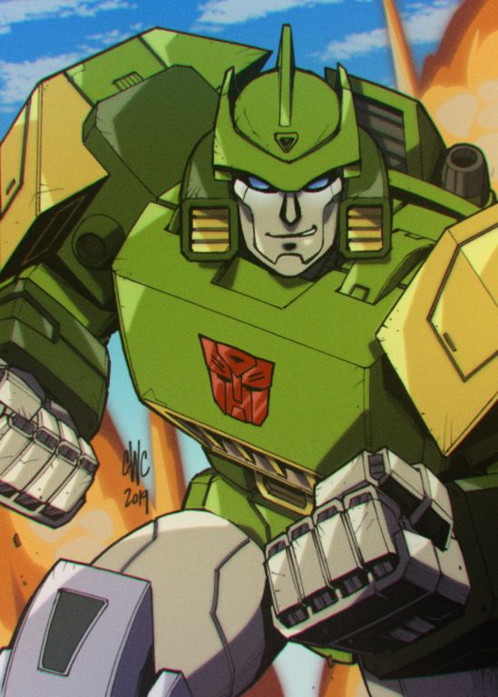 Green Autobot transformer in fighting stance.