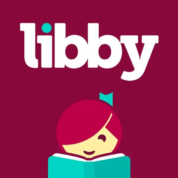 Libby app logo.  Dark raspberry pink background with the word libby, and a little girl reading a book.  