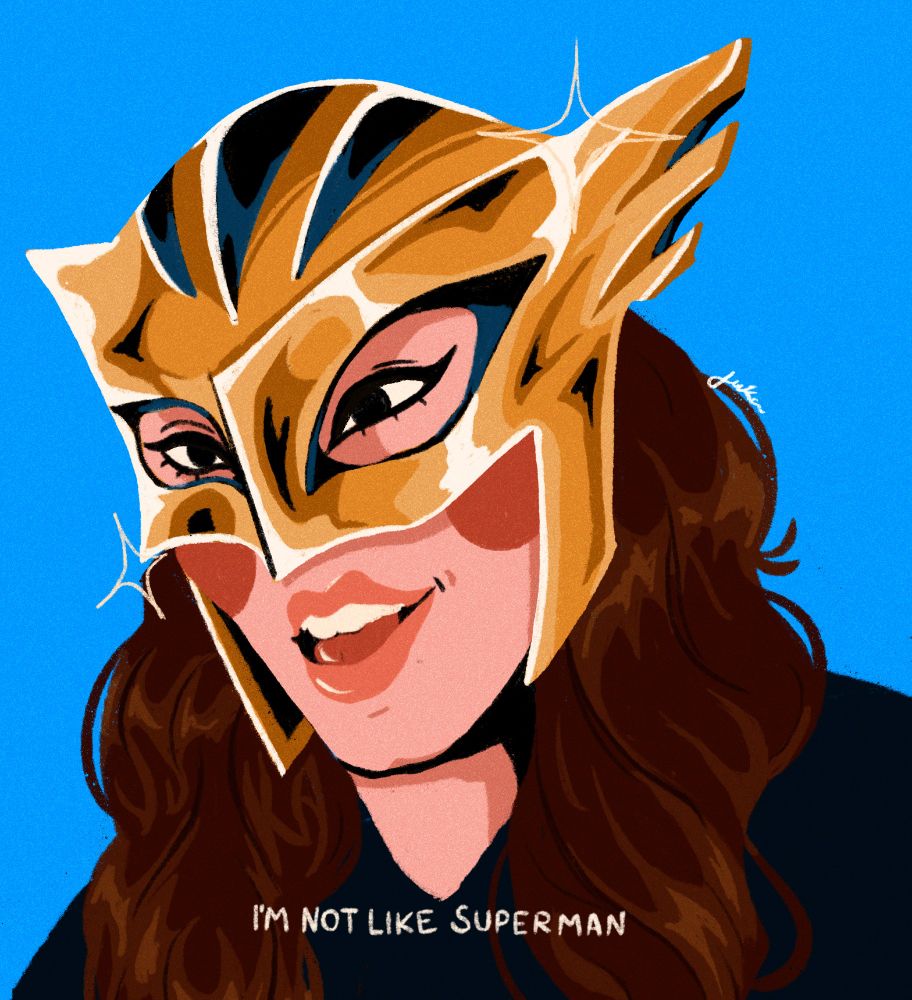 ilustração feita por mim de uma cena do filme "superman (2025)", onde a hawkgirl no céu diz "I'm not like superman". Ela usa um capacete dourado de águia, cabelo castanho, pele clara, olhos pretos e roupa preta. 