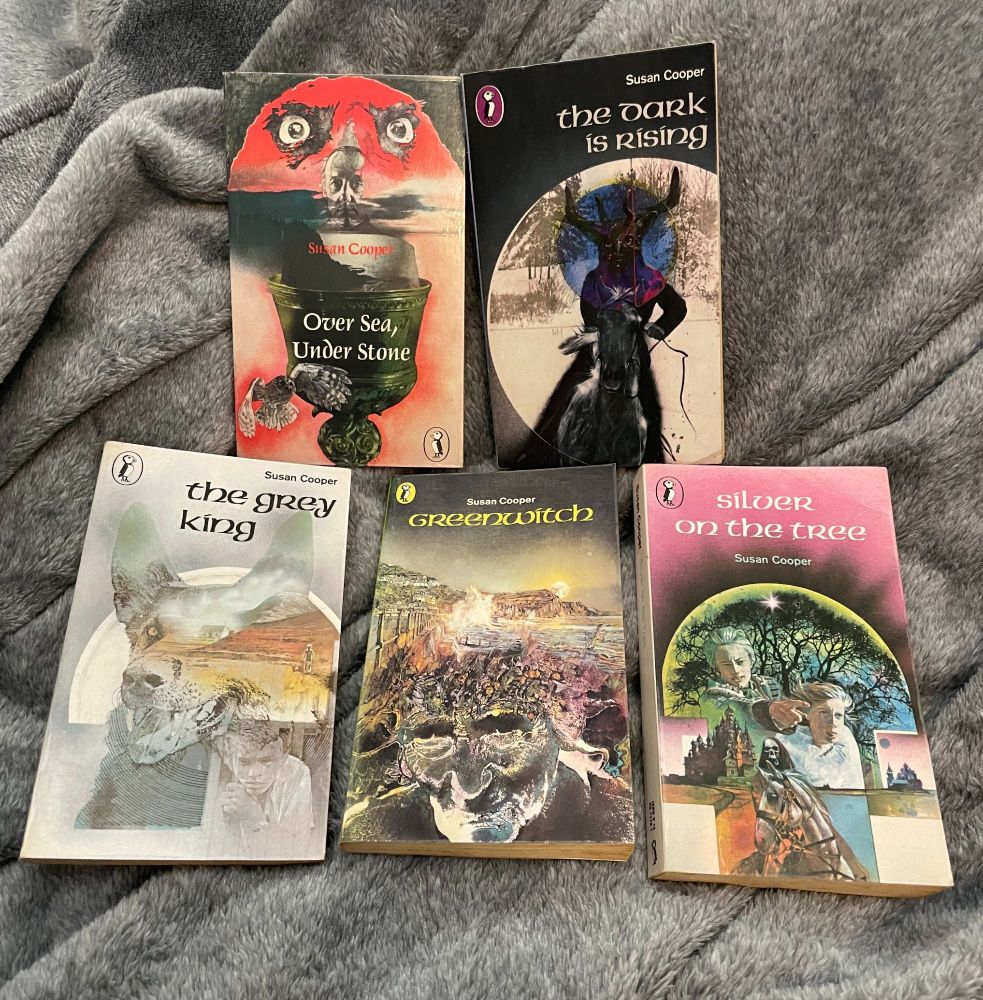 The 5 books of the series: "Over Sea, Under Stone", "The Dark Is Rising", "The Grey King", "Greenwitch" and "Silver On The Tree"
