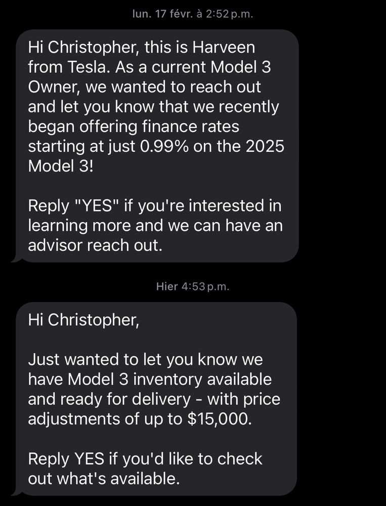 Text messages from Tesla offering various incentives to purchase a Model 3. 