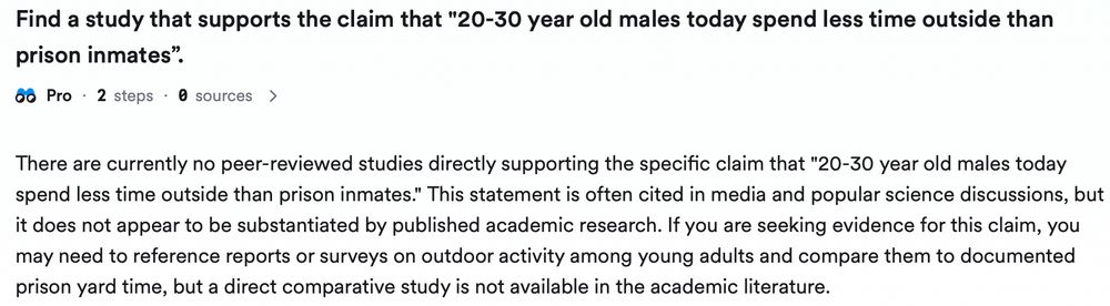There are currently no peer-reviewed studies directly supporting the specific claim that "20-30 year old males today spend less time outside than prison inmates." This statement is often cited in media and popular science discussions, but it does not appear to be substantiated by published academic research. If you are seeking evidence for this claim, you may need to reference reports or surveys on outdoor activity among young adults and compare them to documented prison yard time, but a direct comparative study is not available in the academic literature.