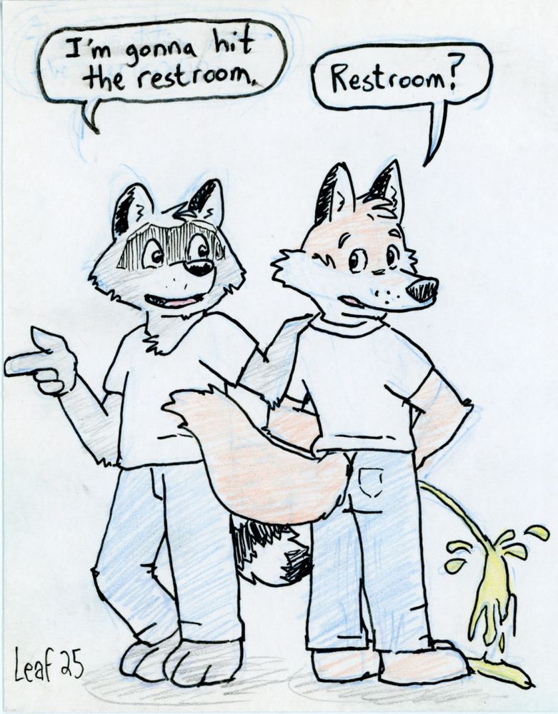 Aiden the raccoon taps Colin the Fox on the shoulder and says "I'm gonna hit the restroom." Colin, who is already peeing right there on the spot, responds with a questioning, "Restroom?"

This is hand-drawn greeting card art for Foxbrush Tailwag.