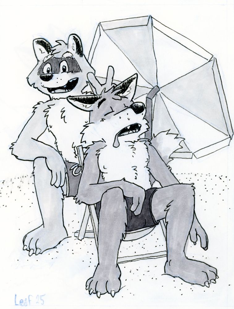 “Say Cheese!” Aiden the raccoon and Colin the red fox are posing for a photo. They’re wearing swim trunks. The fox is sleeping in a chair as the raccoon kneels behind him, making the rabbit-ears gesture with his fingers behind the slumbering fox. Traditional media artwork with ink and marker. 