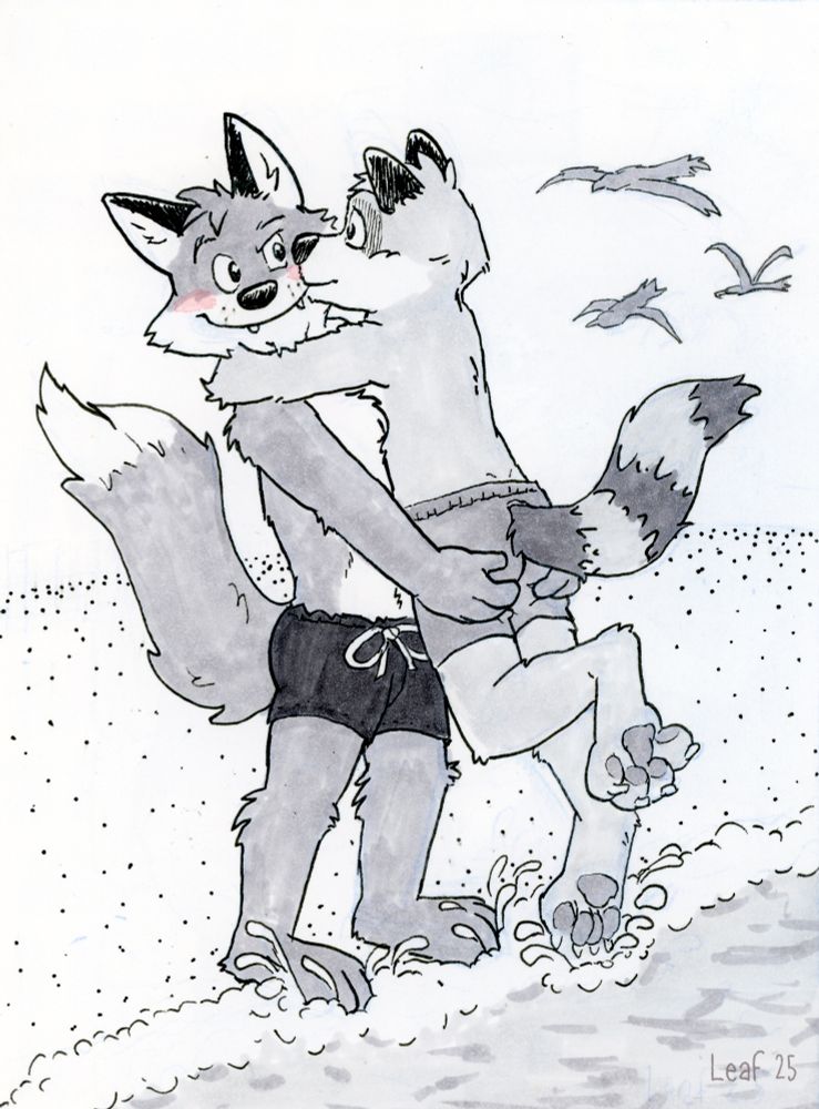 “Pick Me Up!” Colin the red fox and Aiden the raccoon frolicking at the beach shore. They’re wearing swim trunks. Colin lifts Aiden up by the booty while Aiden plants a kiss on Colin’s cheek as gentle ocean waves lap at their feet. Traditional media artwork with ink, marker, and watercolor. 