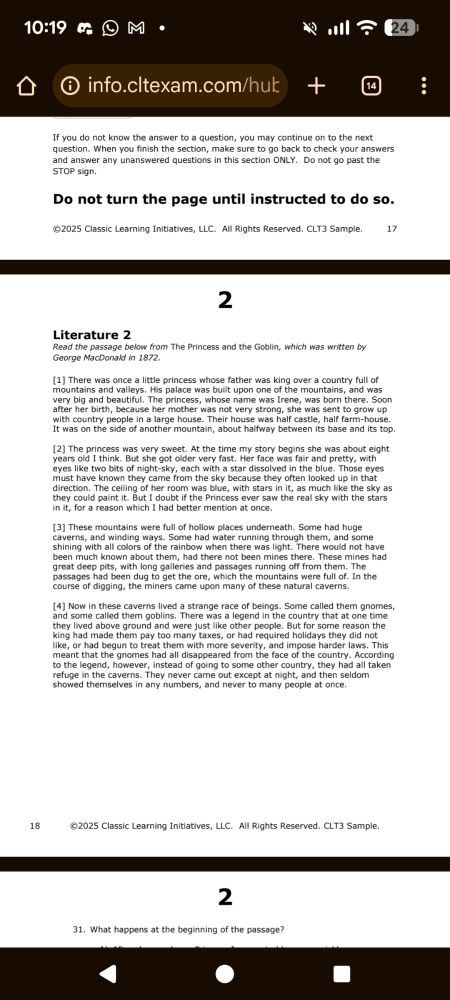 A screenshot from a practice version of the Classical Learning Test, the "classical education" movement's answer to the SAT and ACT. 