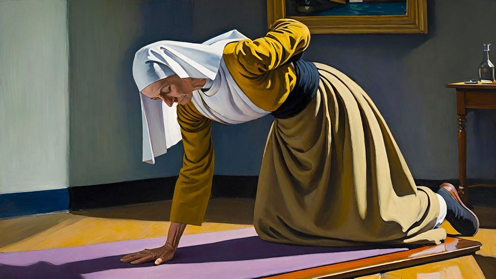 The image is a painting (in the style of Vermeer) of an elderly woman in yellow and white clothing, bending over and doing a one-arm pushup. She is in a room with a wooden floor and a table with a bottle and glasses.