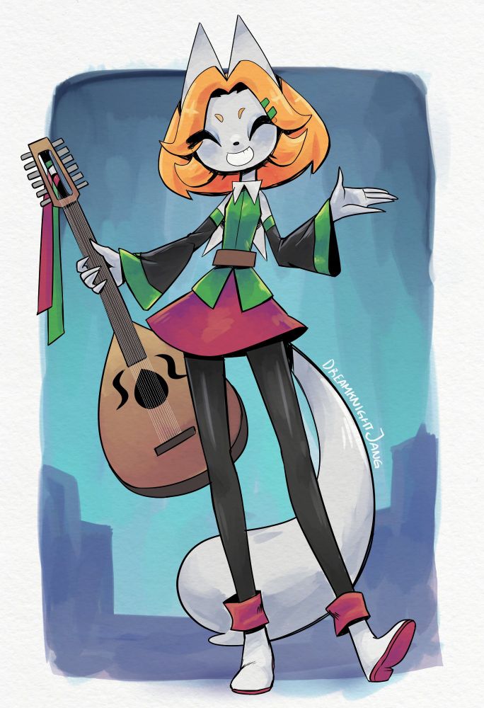 My oc a white cat with short orange hair, green outfit with red skirt. Shes holding a twelve strings lute