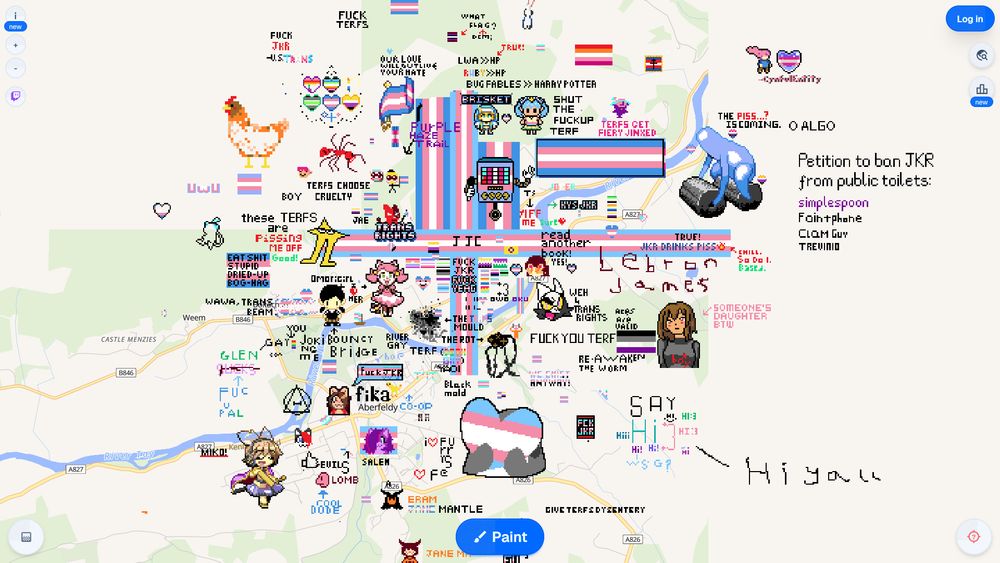 Captura de pantalla de un mapa con muchos dibujos pixel art encima, la gran mayoría banderas trans, personajes trans, o cosas anti jk rowling o anti harry potter.