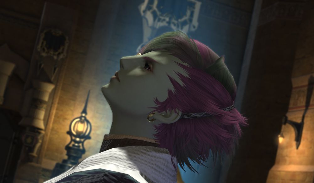 Fancy graphics Final Fantasy MMO avatar posing somewhere in Uldah city. She's a green-skinned roegadyn (the giant people).