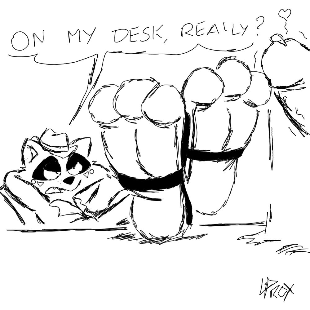 You are standing at the other side of LP's desk leaking precum all over it because you just cant help yourself when you see bare paws in spats >:3c