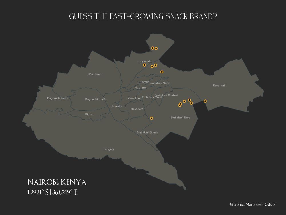 The map depicts Nairobi City, Kenya, divided into 17 subcounties outlined in black and labeled in soft white text, including areas like Westlands, Langata, and Kibra. Yellow dots with black centers represent snack outlet locations scattered across the city, with higher concentrations in residential estates to better serve neighborhood customers.