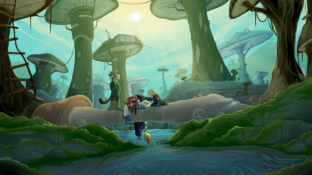 A scenery painting of a giant mushroom marsh city. Three anthropomorphic characters stand on a fallen mushroom bridge over a river. Two of the characters, a yellow parakeet and a lego dragon are wet from falling into the river, while the last character, a gray cat watches them with disdain. The parakeet seems to be arguing with the cat. 
