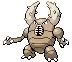 a pixel art drawing of a crab with horns and a circle on its chest .