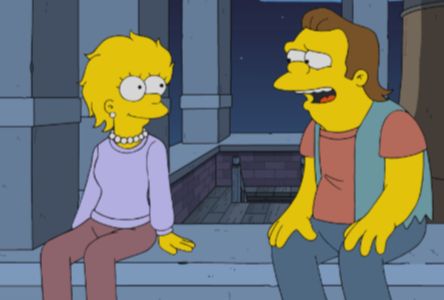 An older Lisa and Nelson sitting in a bell tower talking.