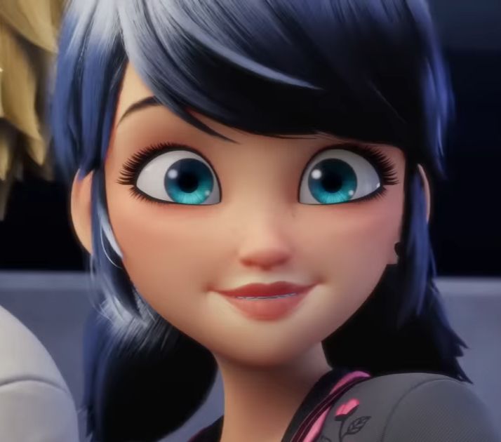 Marinette smiling at some people off screen while standing next to Adrien.