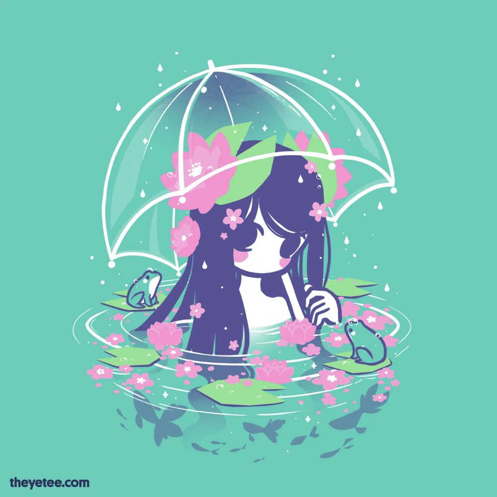 shirt design of a girl surrounded by lily pads and frogs emerging from a pond holding an umbrella, her long hair slightly obscures her gaze. Her hair is covered in the flowers floating in the water