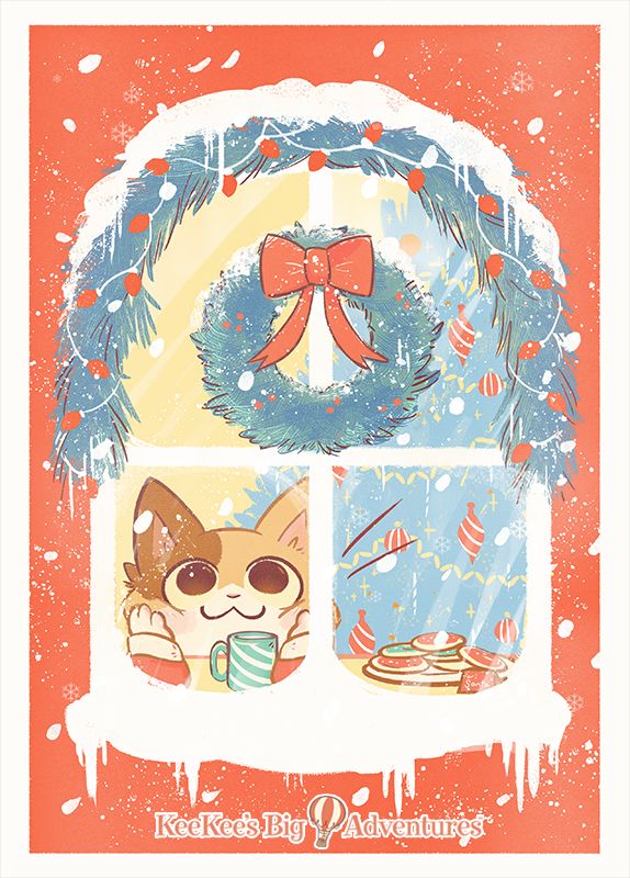 retro inspired christmas card art of a cat peering out a snowy window with a warm christmasy glow inside