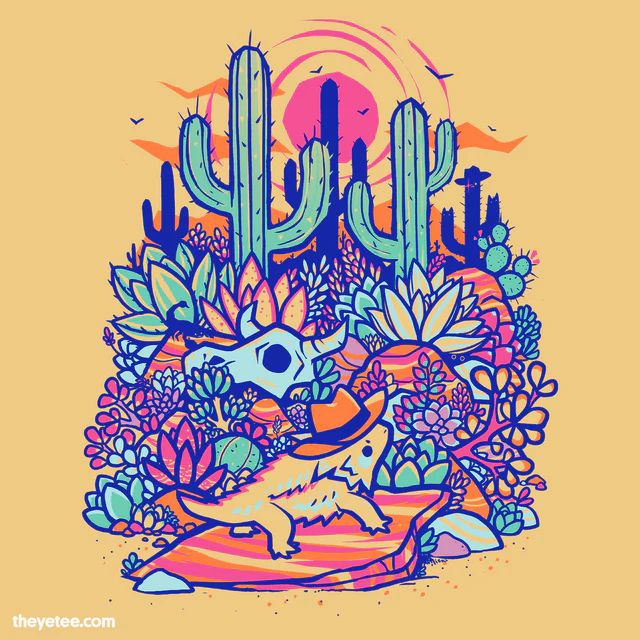 a horned lizard in a cowboy hat sitting on a rock among a desert sea of succulents aloes and cacti #art #artsky