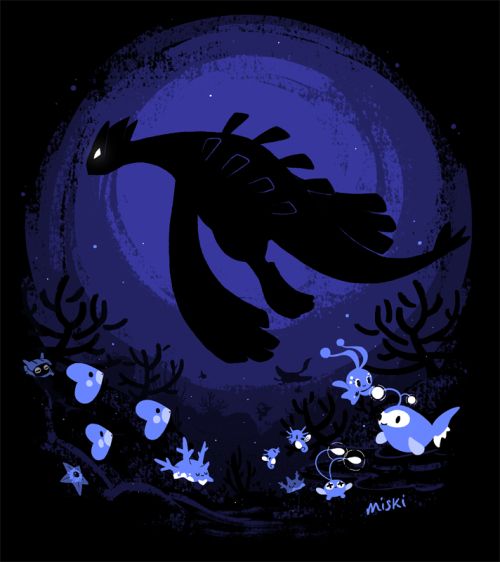 fanart of a silhouette of lugia shown in a dark sea, it's almost pitch black, other tiny deep sea pokemon are scattered through out