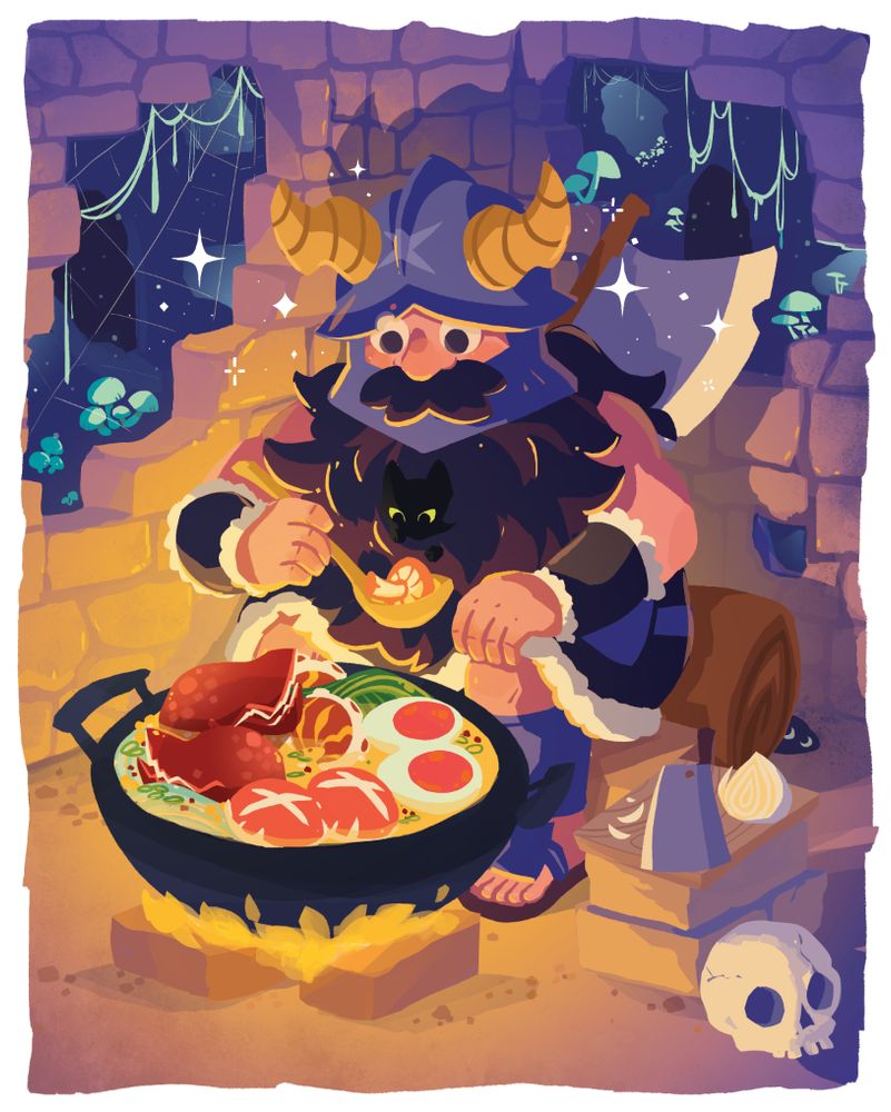 illustration of Senshi from Dungeon Meshi sitting down to a pot of soup in a cozy dungeon corner. The scene is warm.