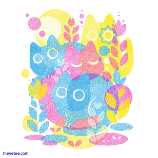 Cozy riso-inspired illustration with cats piled on top of eachother among abstract flowers and shapes that overlap