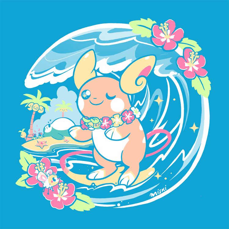 surfing alolan raichu winking at you, scene is decorated with hibicus flowers with other little pokemon scattered throughout 