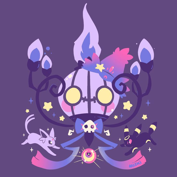 magical girl inspired chandelure, wearing a mismagius hat and ribbons with a duskull center. umbreon and espeon are on either side of her