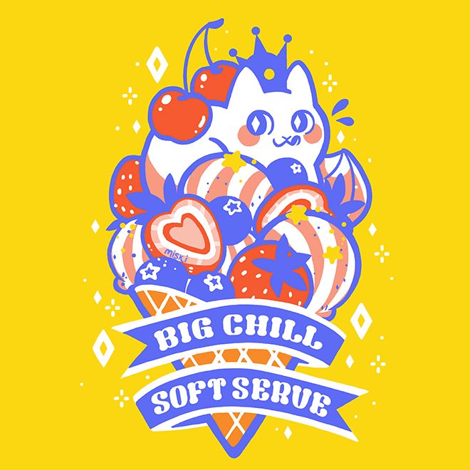 Nostalgic looking logo for a made up ice cream brand. A cherry-topped crowned cat sitting on top of waffle cone piled of ice cream and blueberries and strawberries. The cat may or may not be a whipped cream lifeform