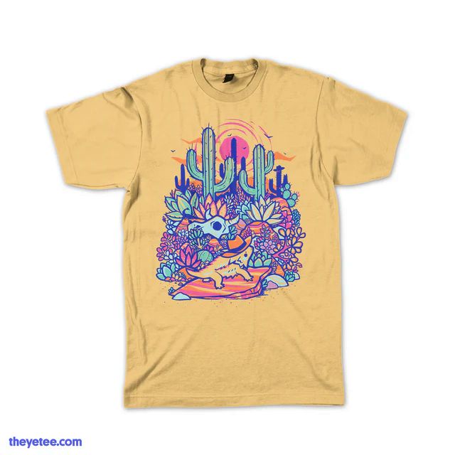 sunny yellow tee of a horned lizard in a cowboy hat sitting on a rock among a desert sea of succulents aloes and cacti