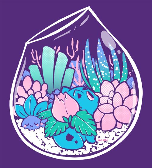 ivysaur in a little glass terrarium with succulents and oddish (please don't actually put your succulents in glass terrariums!)