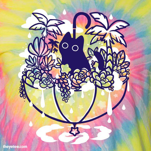 Amaro in an umbrella filled with succulents, clouds, and palm trees on a tropical tie-dye tshirt.