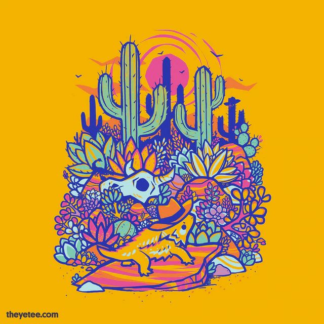 neon ass succulent and cacti desert landscape with a cowboy horny toad