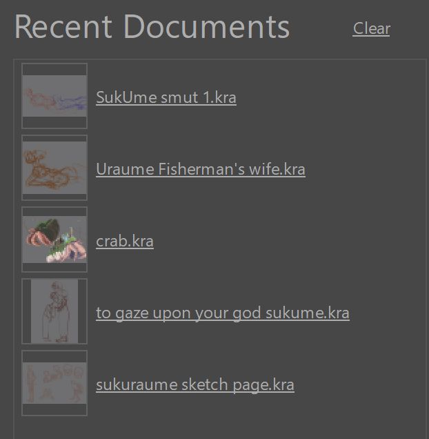 the recent documents panel showing mostly that Seraph has been working only mostly Sukuna/Uraume ship sketches with a brief crab intermission 