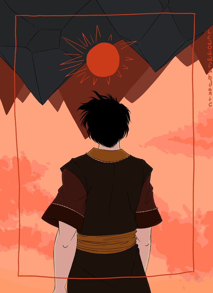 A digital illustration of Zuko from Avatar the Last Airbender. His back is to the viewer and he looks out over an upside down, mountainous landscape. A sun is above him