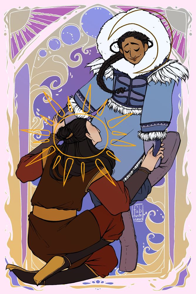 A digital illustration of Zuko and Katara from Avatar the Last Airbender. Katara holds Zukos hands and they are dancing together. Kataras head is surrounded by a crescent moon and Zukos a sun. 