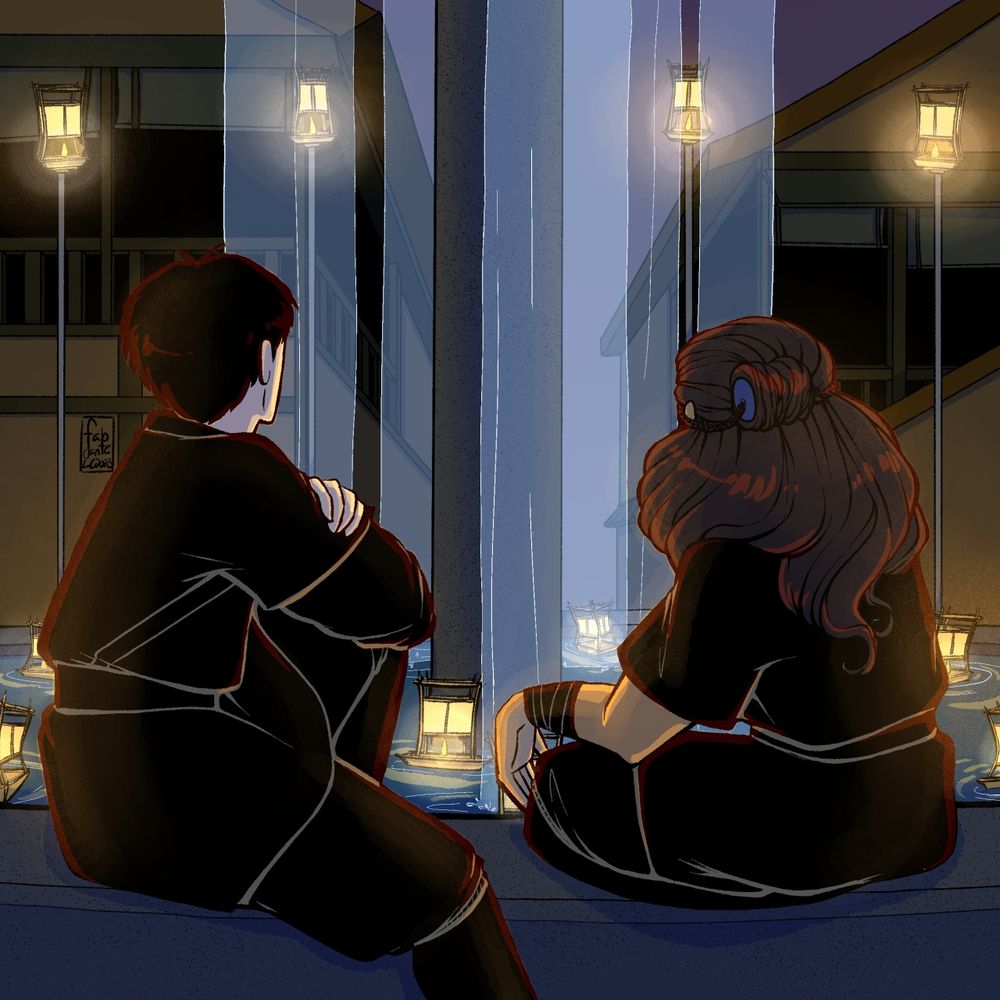 A digital illustration of Zuko and Katara from Avatar the Last Airbender. They are sitting at the candle light fountain in Ba Sing Se