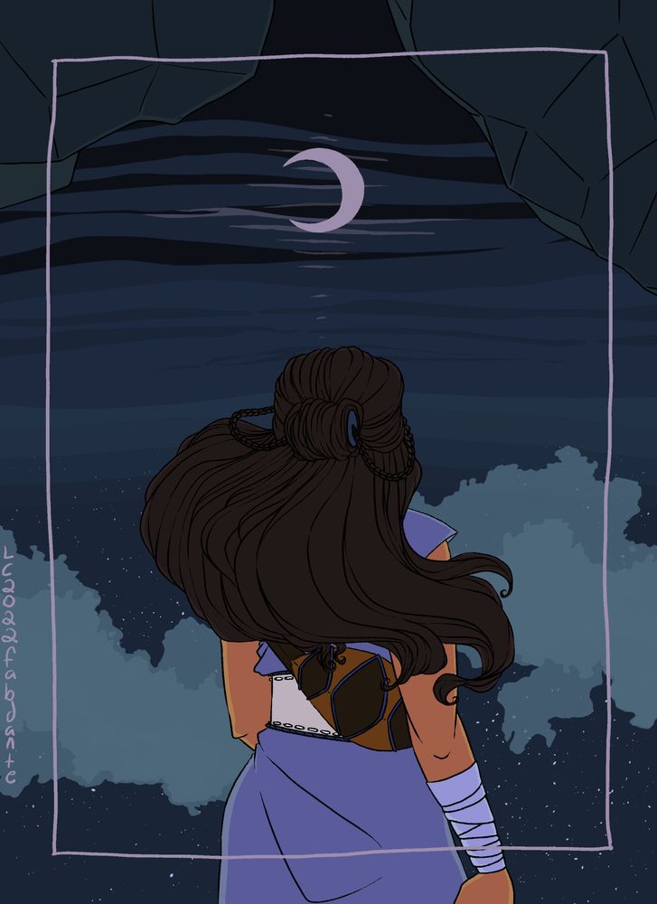 A digital illustration of Katara from Avatar the Last Airbender. Hee back is to the viewer and she is looking out over an upaide down seascape. Above her is a moon