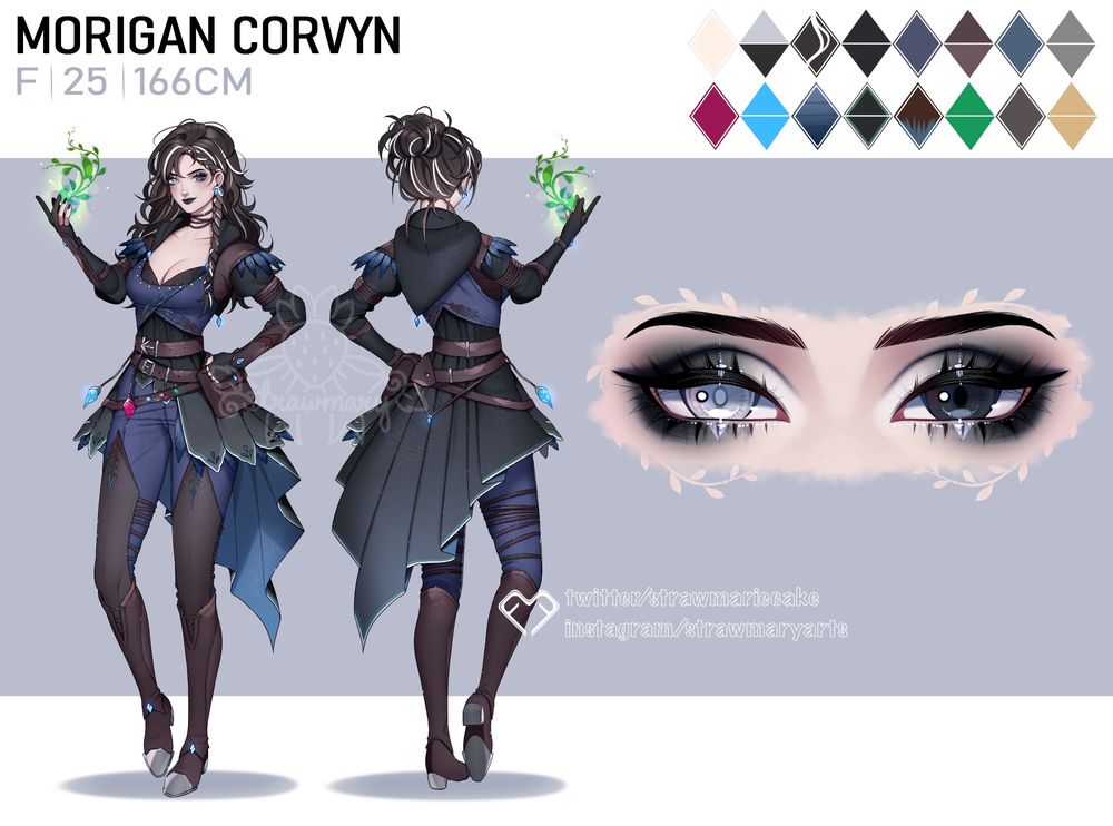 Character reference art for Morigan "Mori" Corvyn. Her name appears on the upper left corner of the image, along with her gender, age and height. (female, 25, 166cm). On the left is a view of a woman from the front and the back, wearing clothes in black, dark blue, with brown leather accents. Her shoulders have feather accents, and her boots are brown with silver toe tips and a pale blue accent at the front of the ankle. She wears black archer's gloves and there is a green, leafy pattern coming from her left hand, implying some form of magic.  Her rear view shows a black hood with a blue stone accent, and a tail-like skirt detail.  Her hair is very dark brown, almost black, with white streaking. 

Additionally, there is a detail of her eyes, accented with smoky makeup. Her right eye (left to the viewer) is untinted, and looks almost white. Her left eye is a very dark grey, almost black.