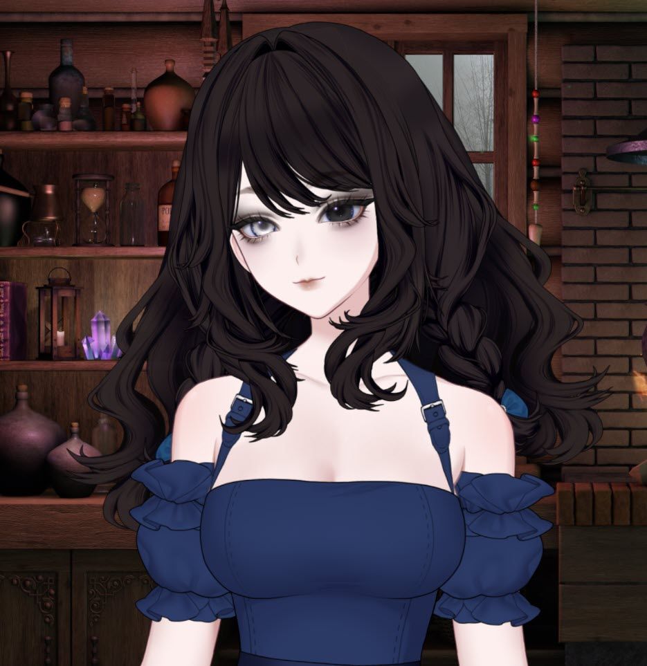 Mori Corvyn, a young woman with dark hair, as well as one pale grey-white eye and one nearly black eye. Her off the shoulder dress is dark blue.