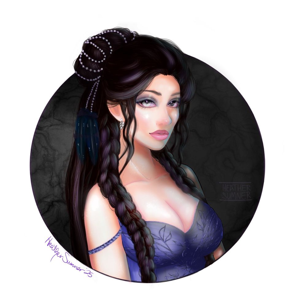 Morigan Corvyn: a woman with dark haie and a blue dress with ornate details. Her hair is styled with two front braids and a bun in the back, and has pearl and feather accents.